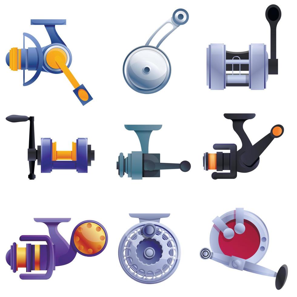 Fishing reel icons set, cartoon style vector
