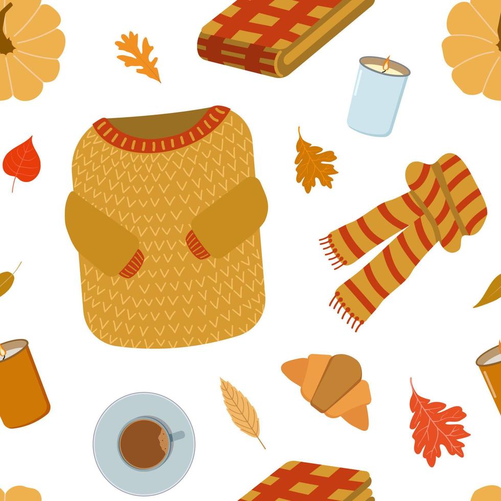 Cozy autumn mood things vector seamless pattern. Warm sweater, knitted scarf, folded blanket, food, pumpkin, candles, leaves. Isolated on white background. Ideal for wrapping, backdrop, template.