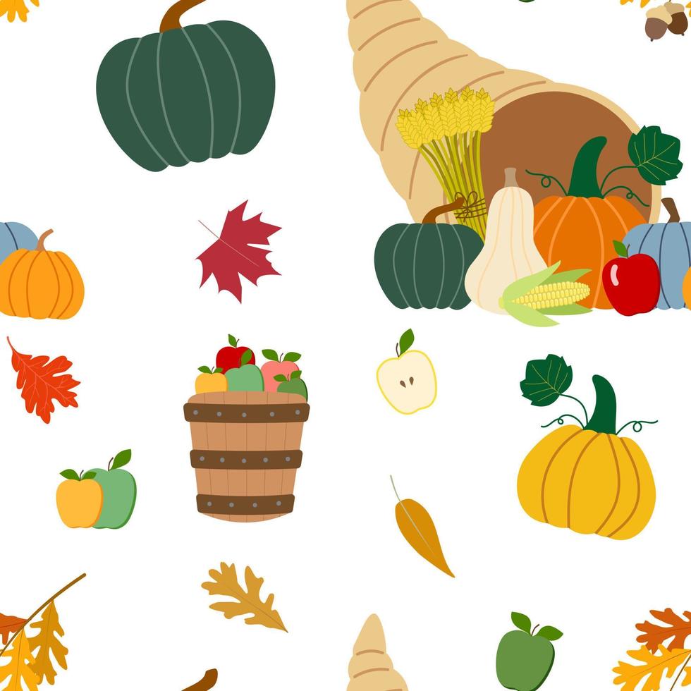 Vector fall harvest, Thanksgiving day seamless pattern in cartoon style with cornucopia, apple bushel basket, pumpkins, oak branch, apples, dry leaves. Isolated on white background.