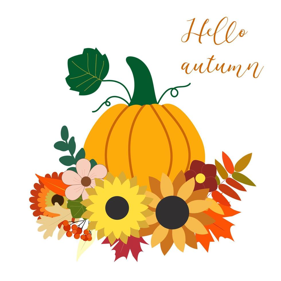 Fall vector arrangement. Orange pumpkin with autumn flowers, dry leaves, isolated on white background. Thanksgiving day card template.