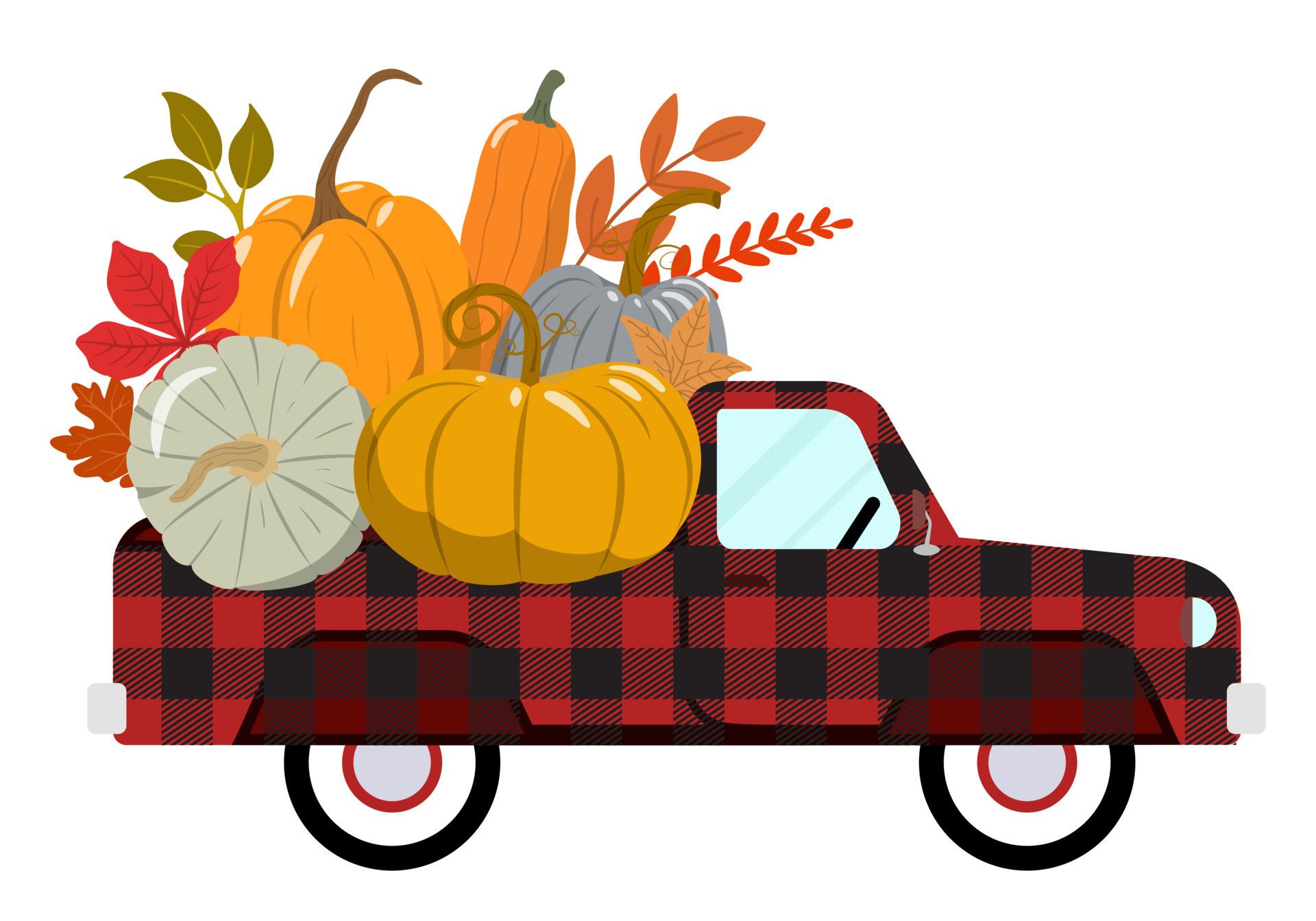 Red buffalo plaid picku truck with colorful fall pumpkins. Happy