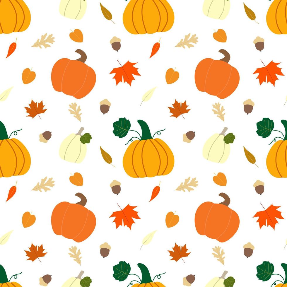 patrón transparente de vector de caída con calabazas naranjas y amarillas, hojas, follaje, bellotas sobre fondo blanco. ilustración de la cosecha de otoño. impresión botánica. fondo de pantalla de acción de gracias.