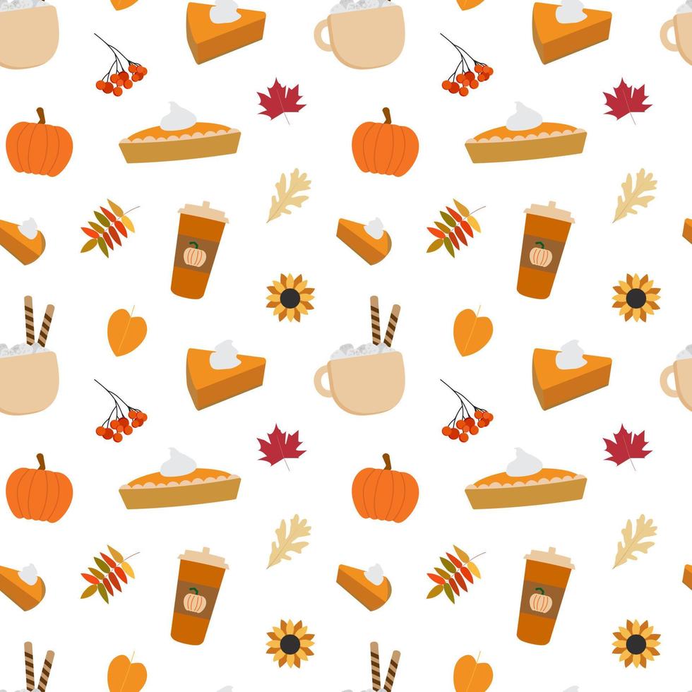 Fall vector flat seamless pattern. Pumpkin pie, coffee latte cup, orange leaves on white background. Autumn mood illustration.