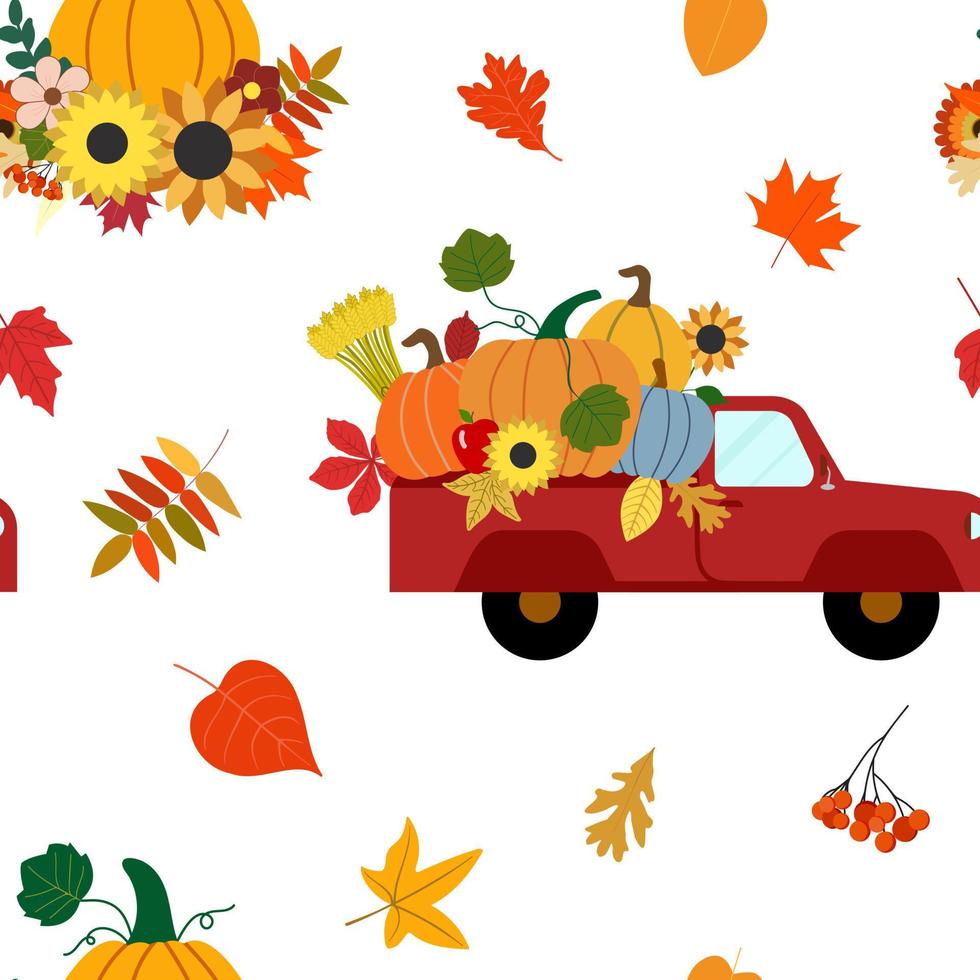 Vector seamless pattern with fall harvest red truck with pumpkins, sunflowers, sheaf of wheat, flowers, autumn leaves. Thanksgiving day theme design. Isolated on white background.