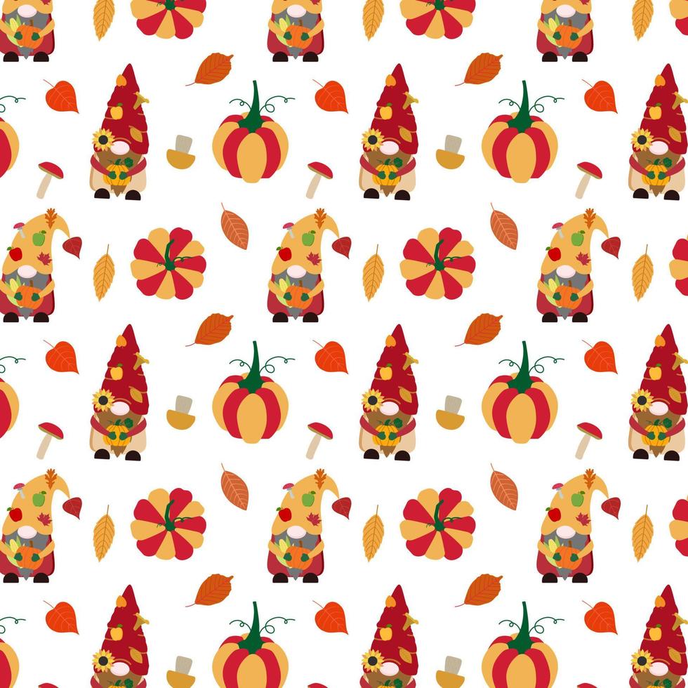 Cartoon fall vector seamless pattern with gnomes, red, orange pumpkins, corn, forest mushrooms, fallen leaves. Isolated on white background.