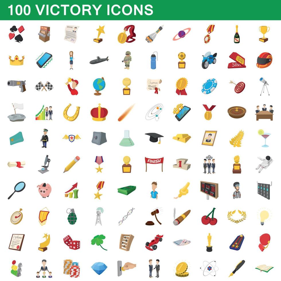 100 victory icons set, cartoon style vector
