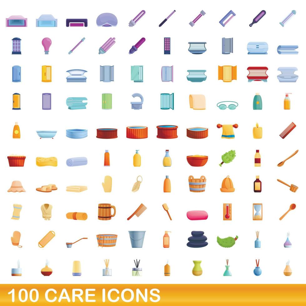 100 care icons set, cartoon style vector