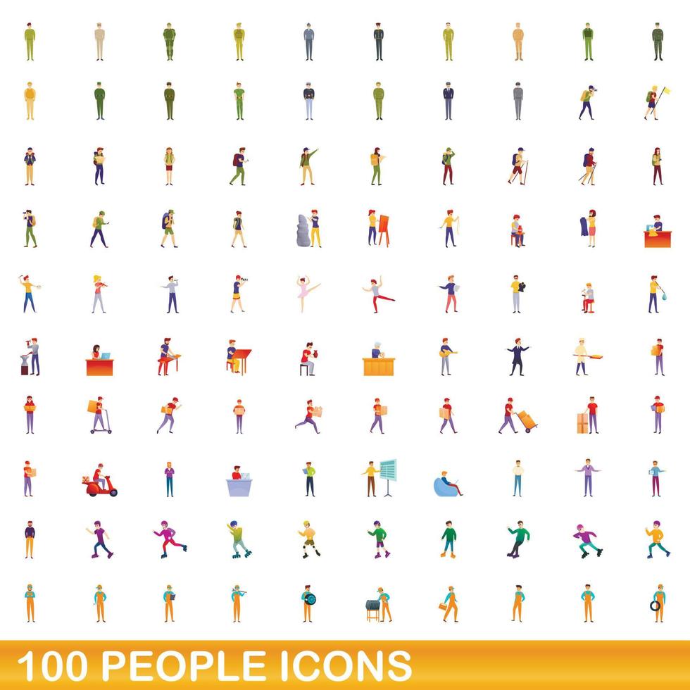 100 people icons set, cartoon style vector
