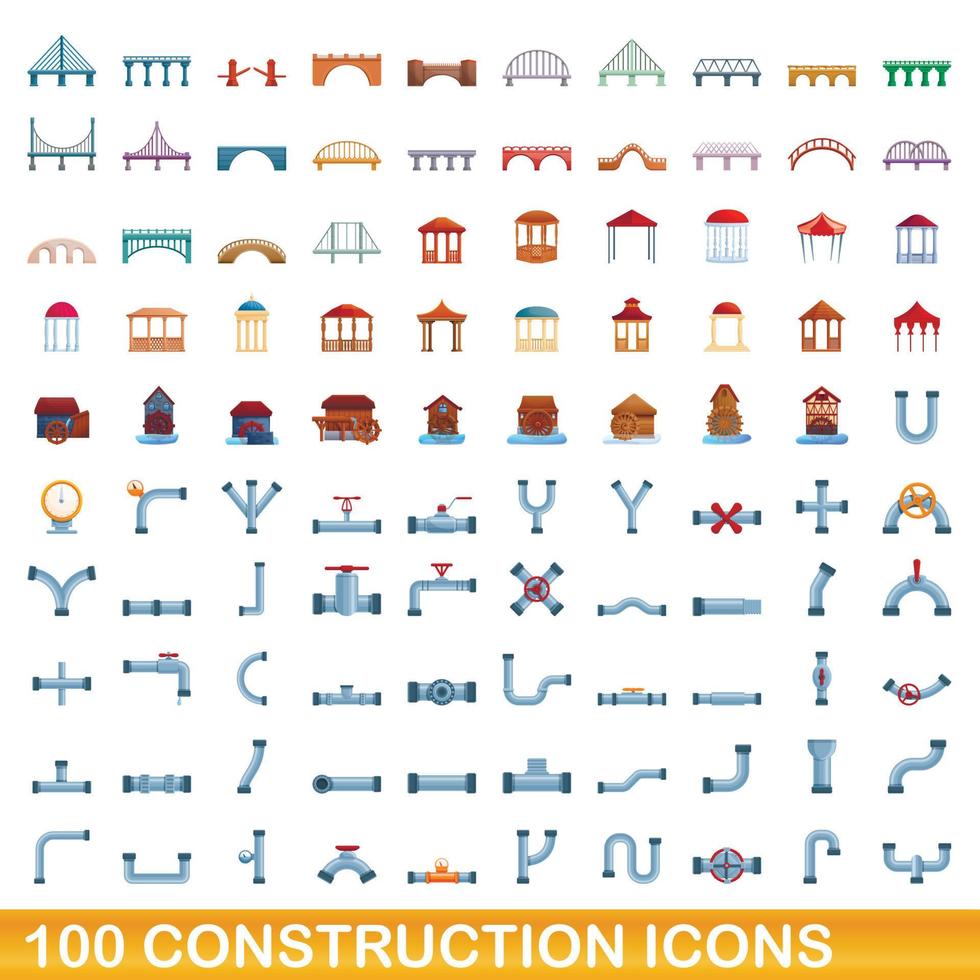 100 iconos de construcción, estilo de dibujos animados vector