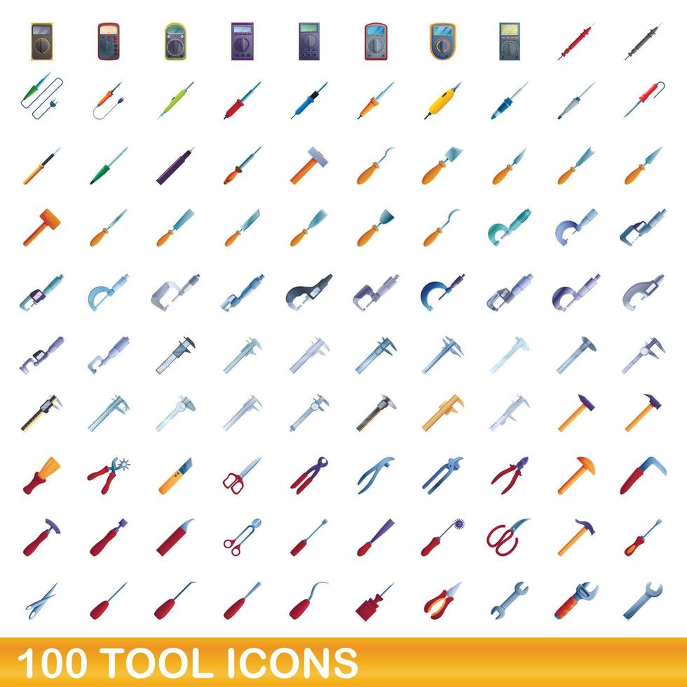 100 iconos de herramientas, estilo de dibujos animados vector