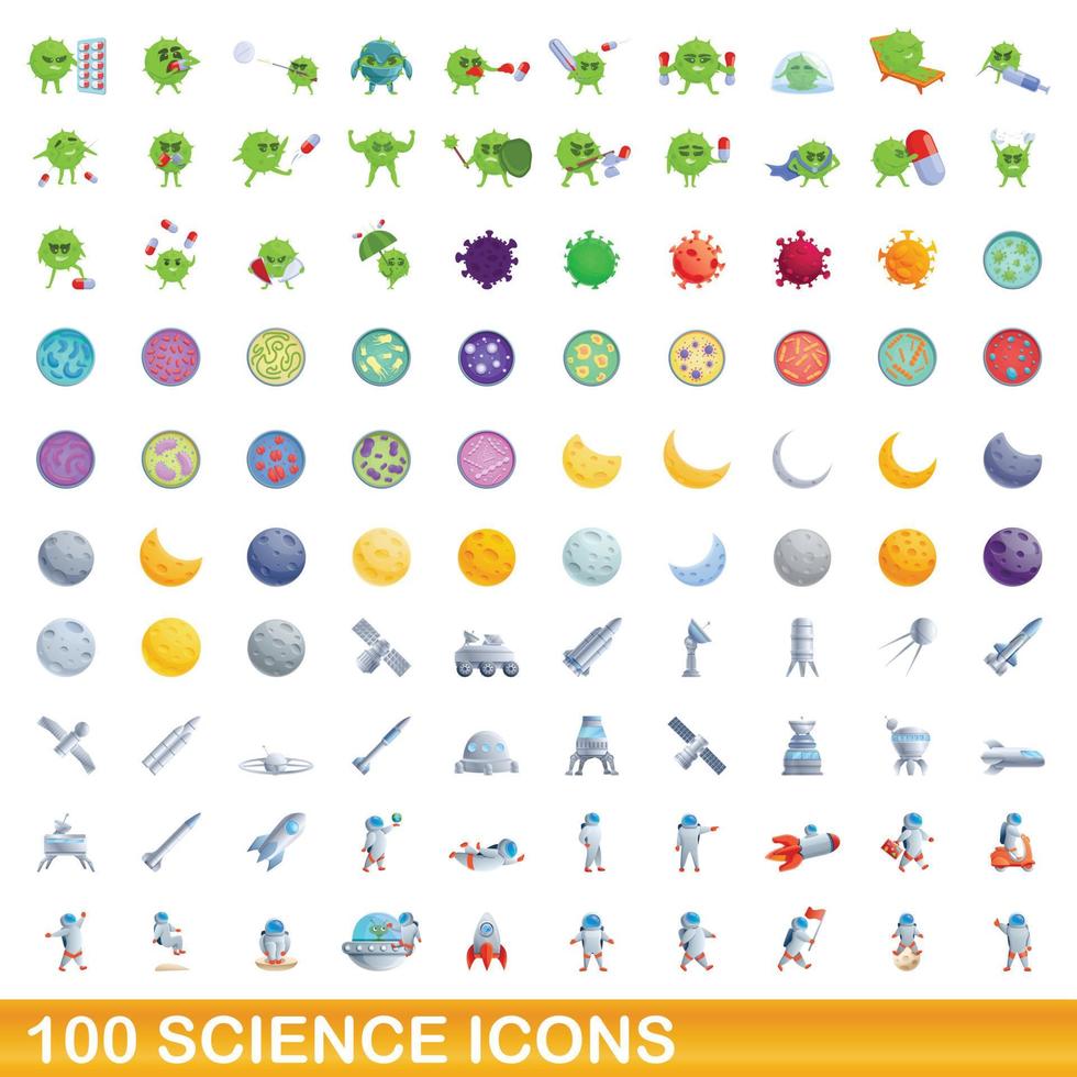 100 science icons set, cartoon style vector