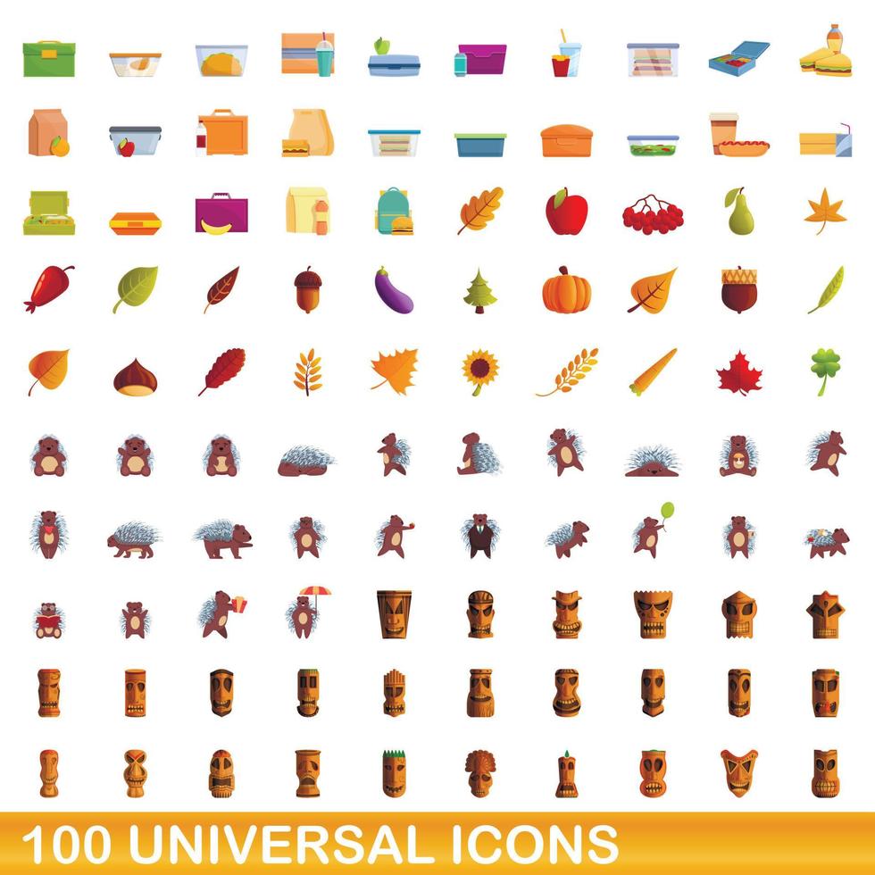 100 universal icons set, cartoon style vector