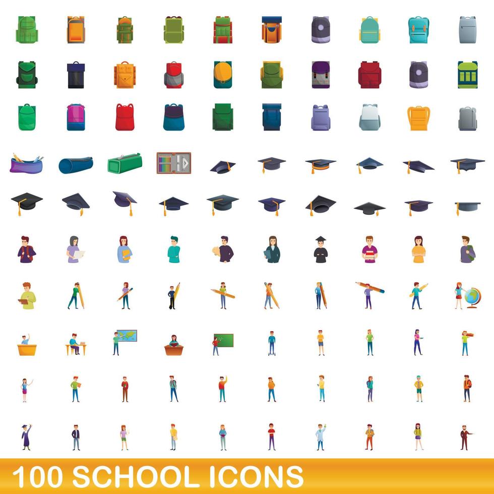 100 school icons set, cartoon style vector