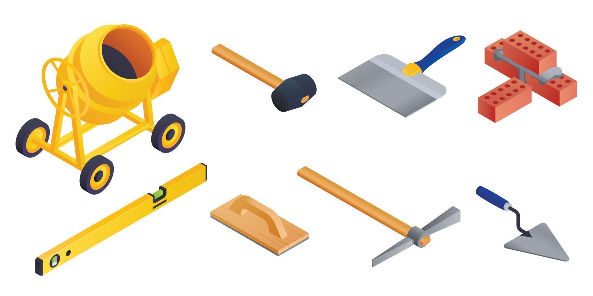 Masonry worker icons set, isometric style vector