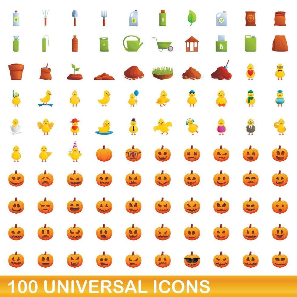 100 universal icons set, cartoon style vector