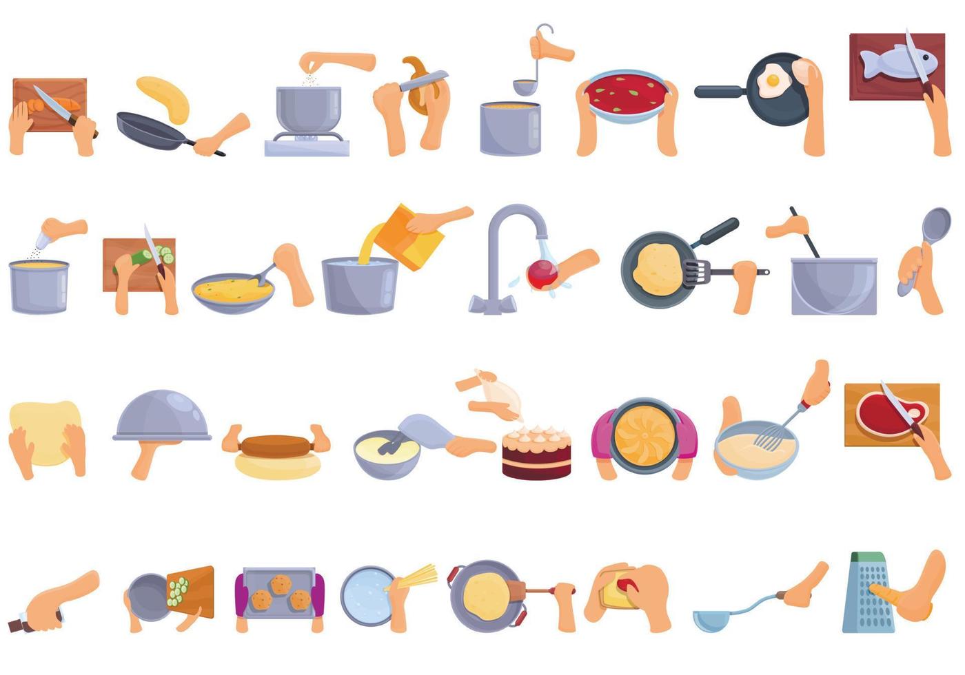 Hands preparing foods icons set, cartoon style vector