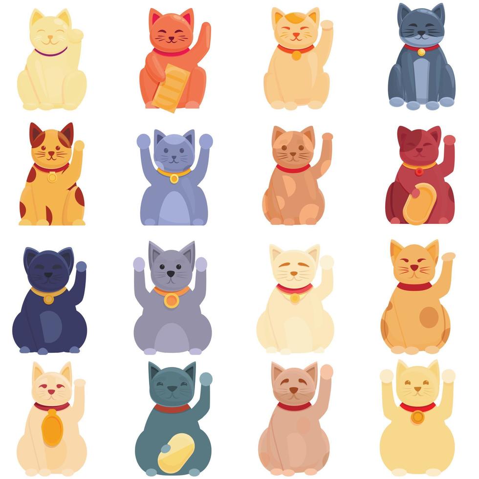 Lucky cat icons set, cartoon style vector