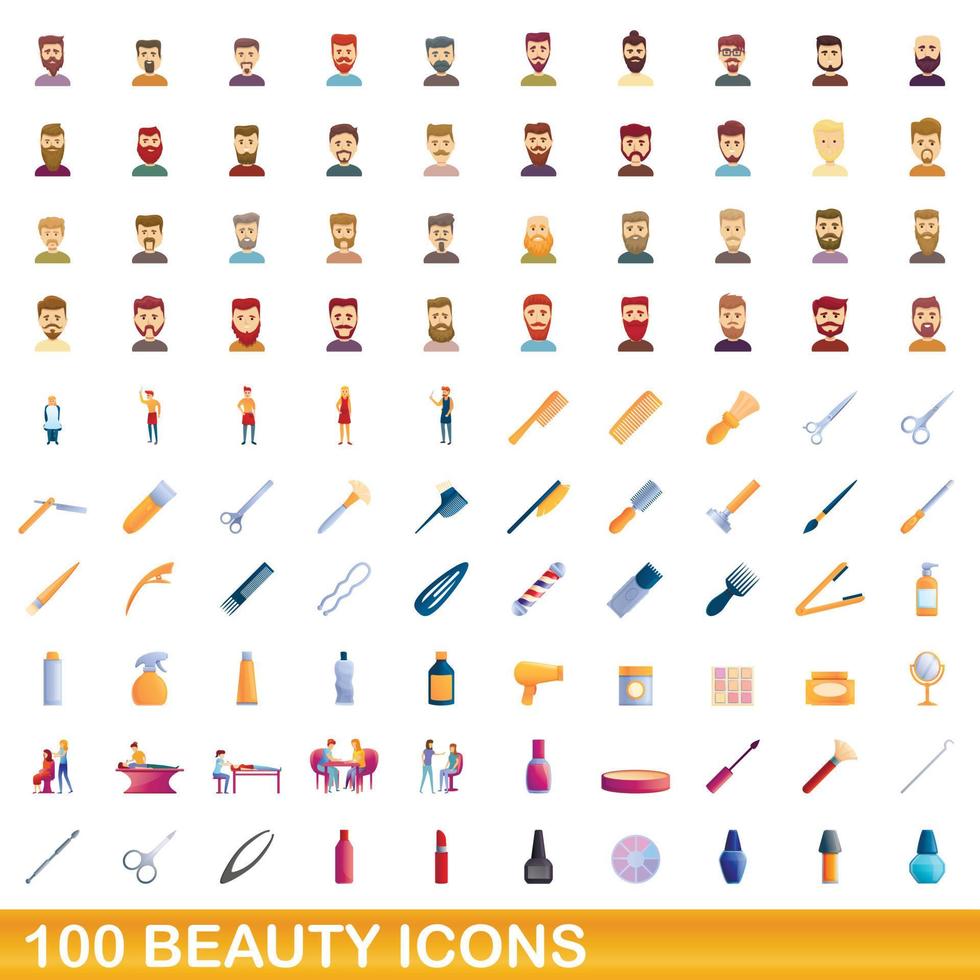 100 iconos de belleza, estilo de dibujos animados vector