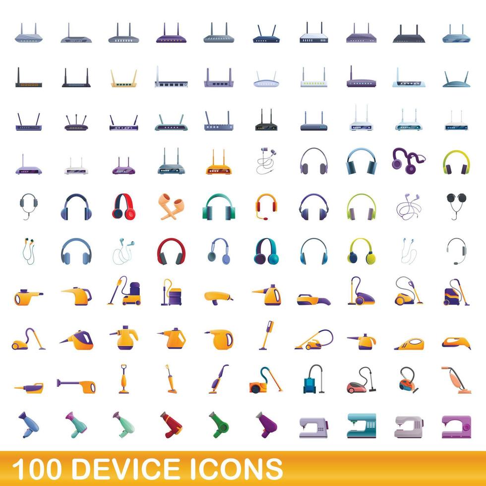 100 device icons set, cartoon style vector