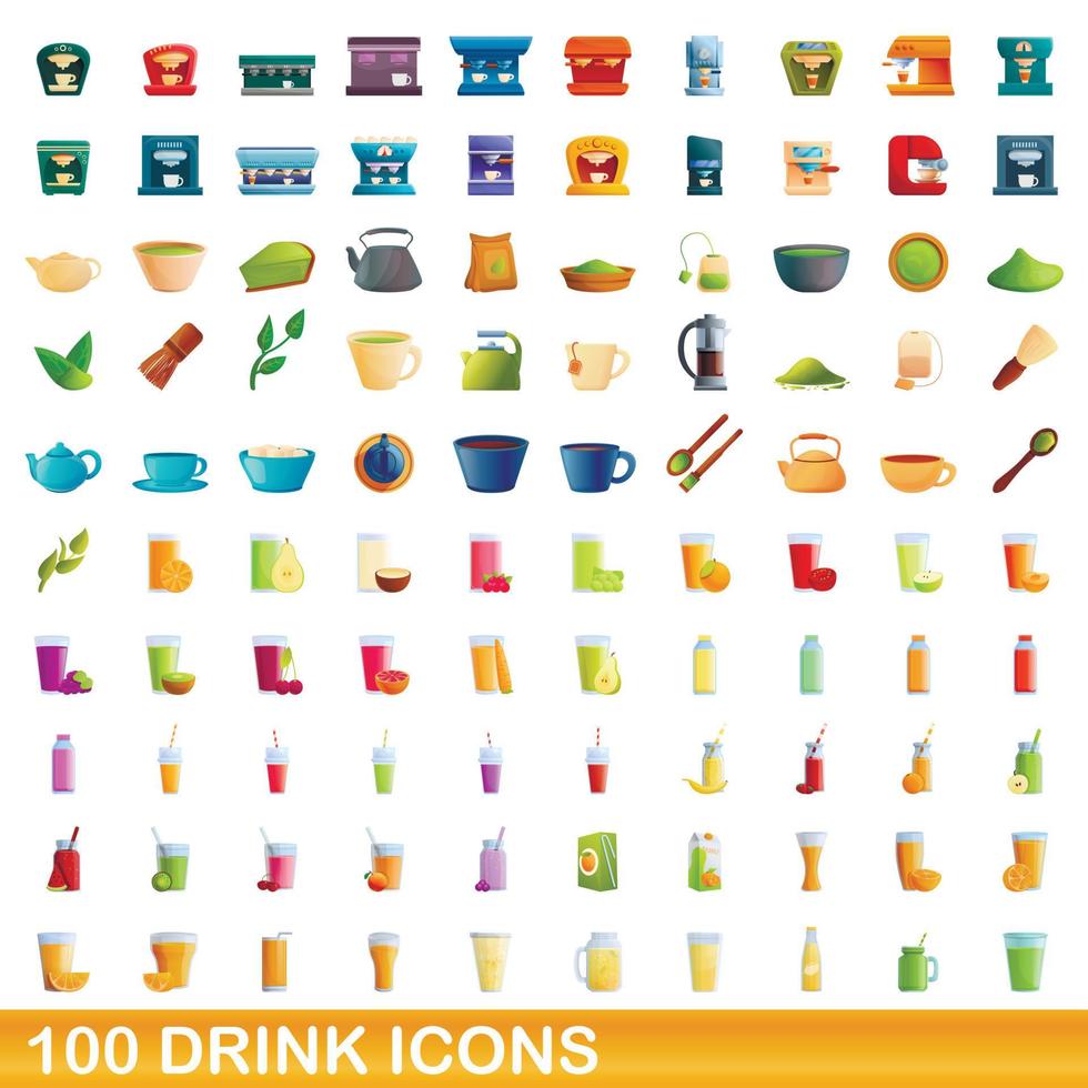 100 drink icons set, cartoon style vector