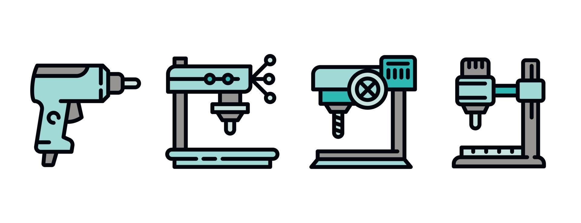 conjunto de iconos de máquina perforadora, estilo de esquema vector