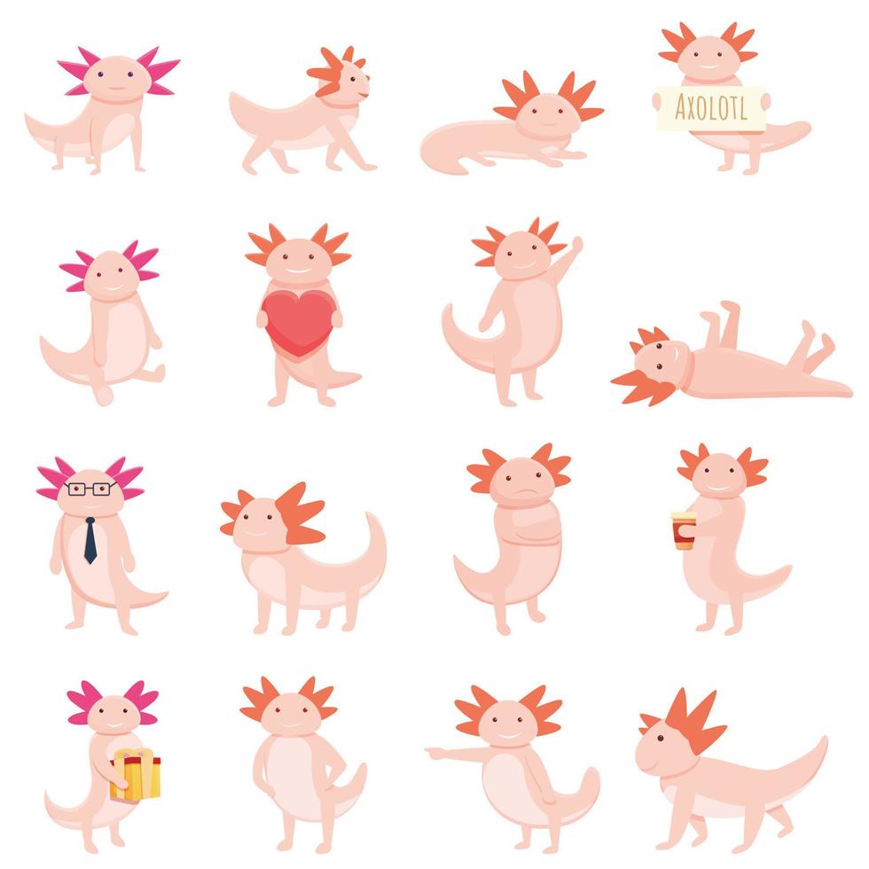 Axolotl icons set, cartoon style vector