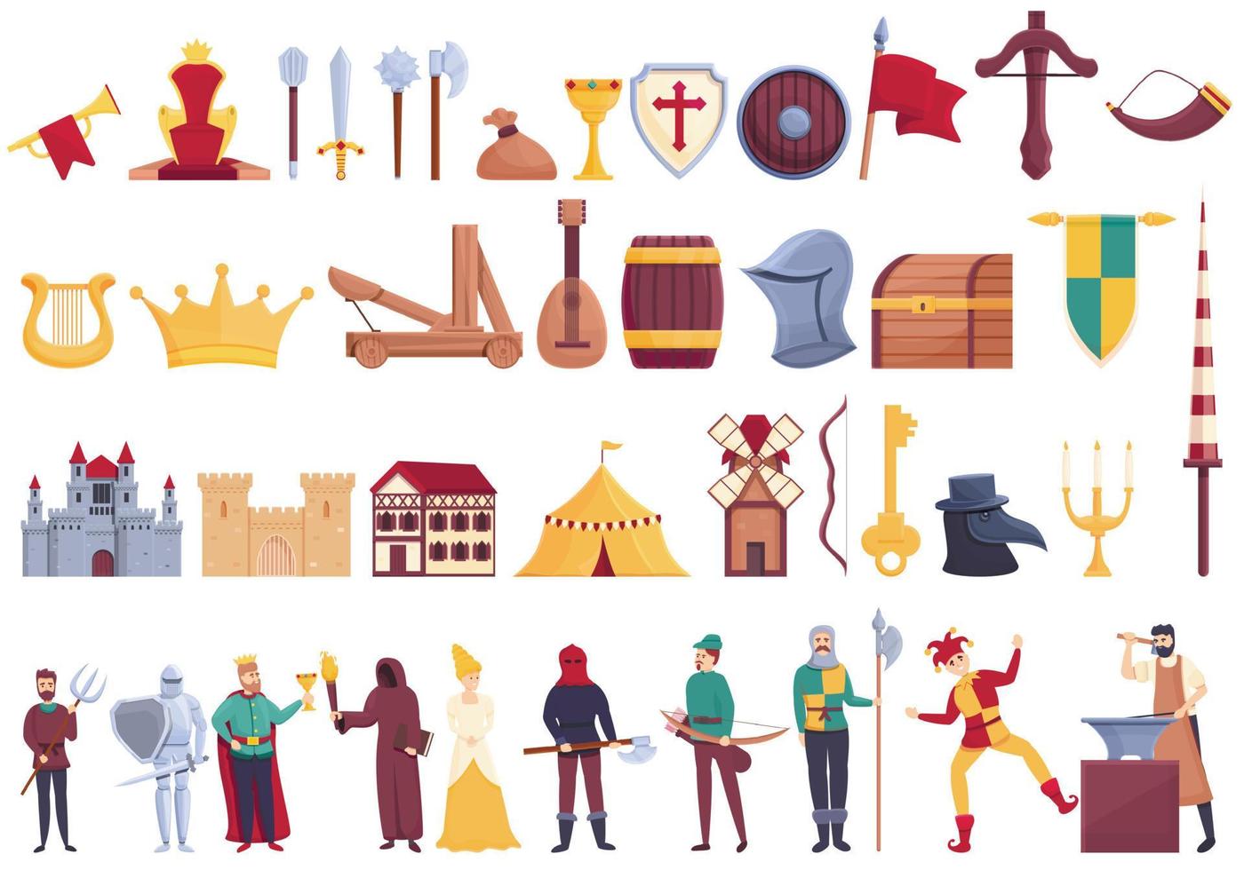 conjunto de iconos medievales, estilo de dibujos animados vector
