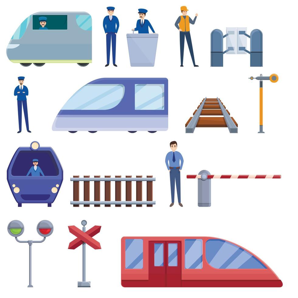 Electric train driver icons set, cartoon style vector