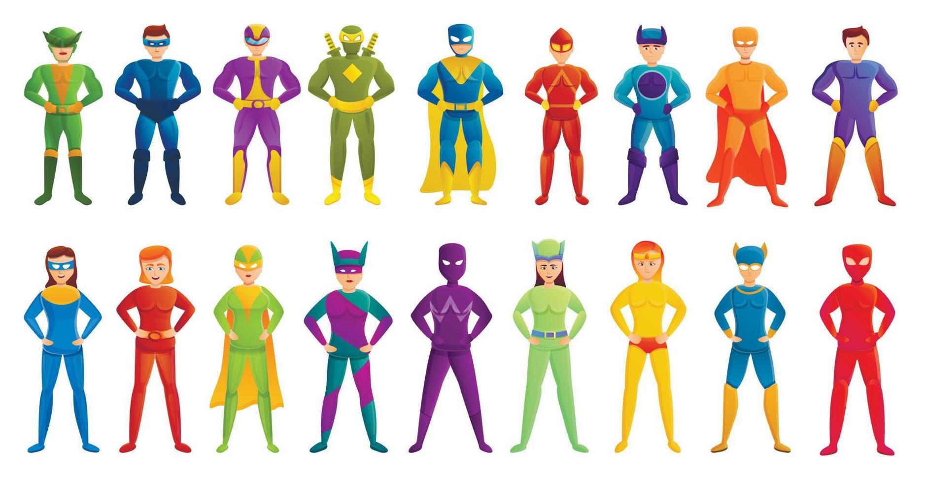 Superhero icons set, cartoon style vector