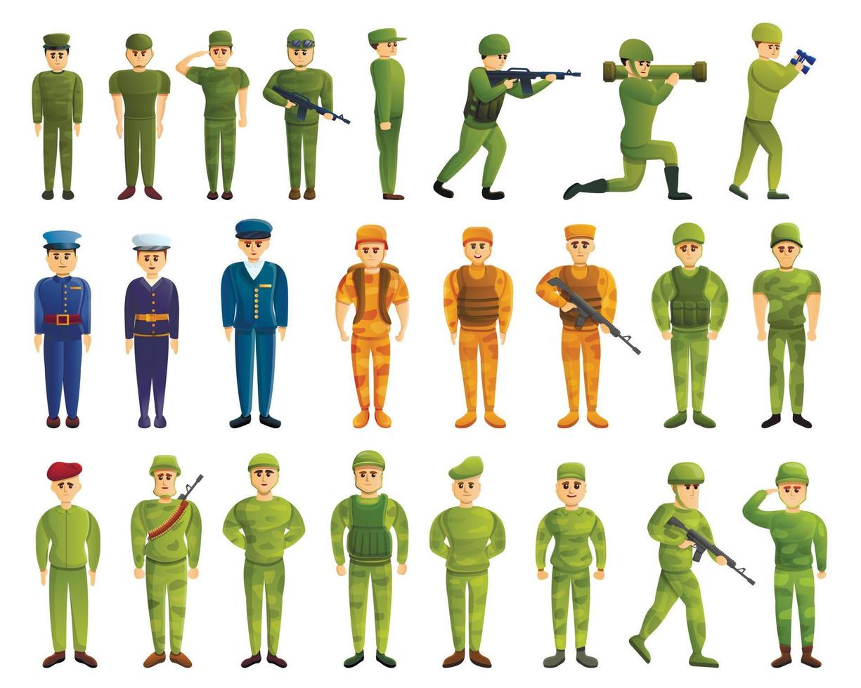 Soldier icons set, cartoon style vector