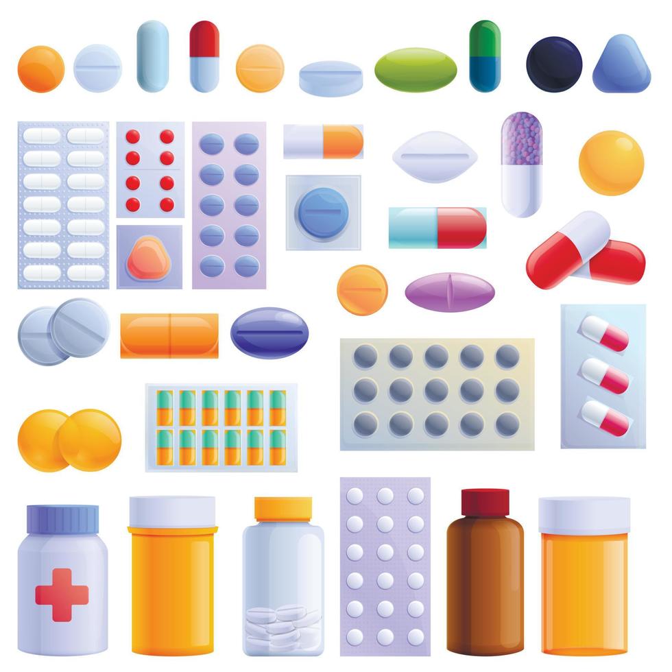 Pill icons set, cartoon style vector