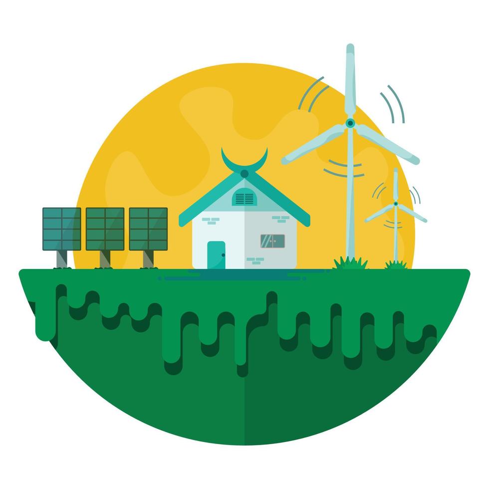 The house uses renewable energy. To save energy and to help protect the environment, by using electricity from solar and wind energy, the idea of changing the environment vector