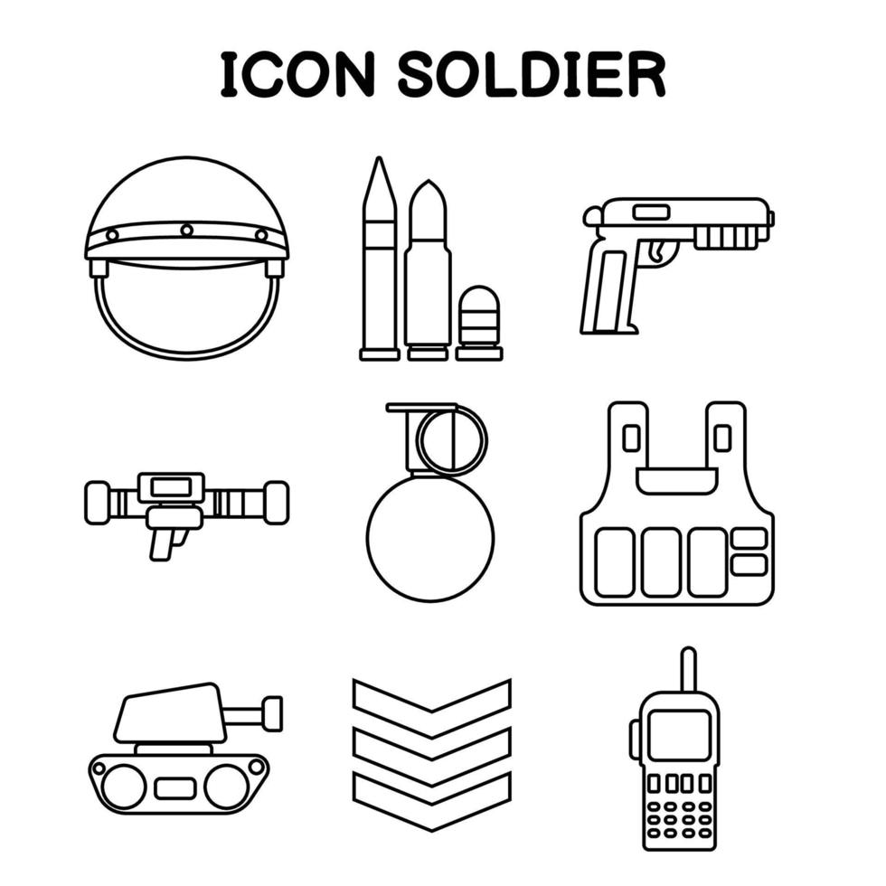 soldier icon, black outline style, weapon, gun, bomb and camp emblem, vector illustration isolated on white background.