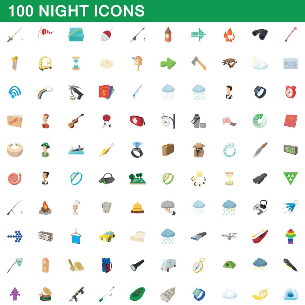 100 night icons set, cartoon style vector