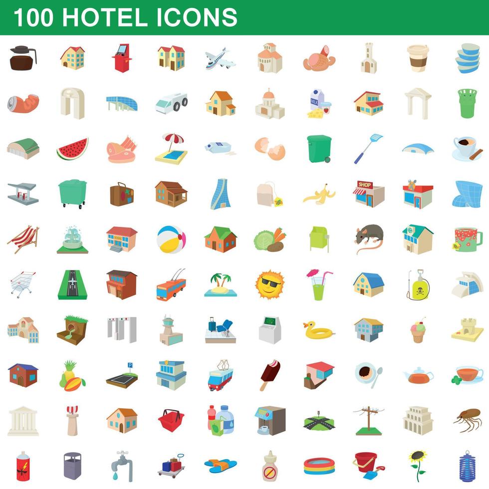 100 hotel icons set, cartoon style vector