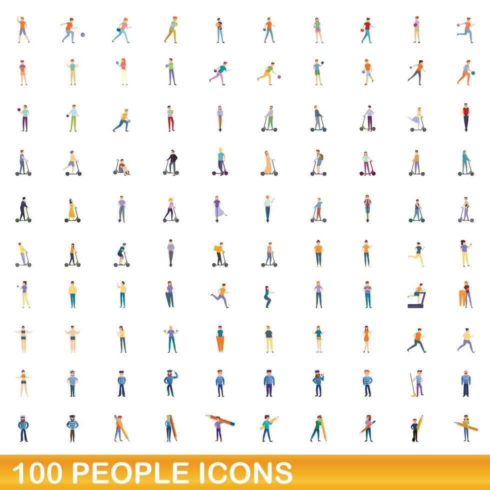 100 people icons set, cartoon style vector