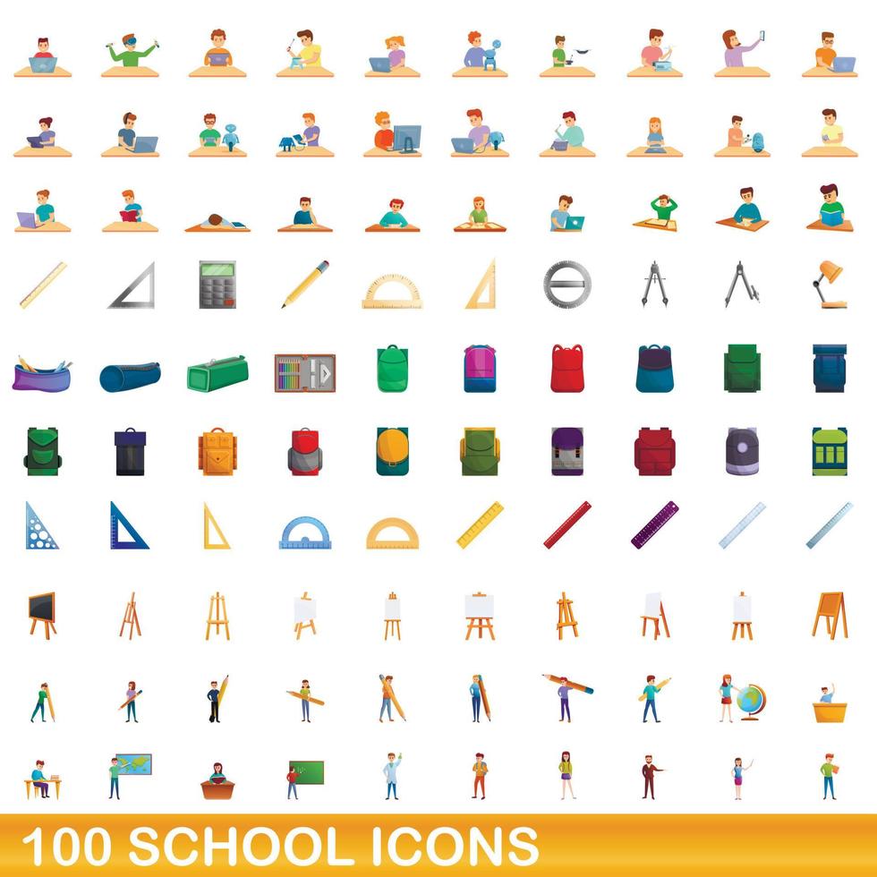 100 school icons set, cartoon style vector