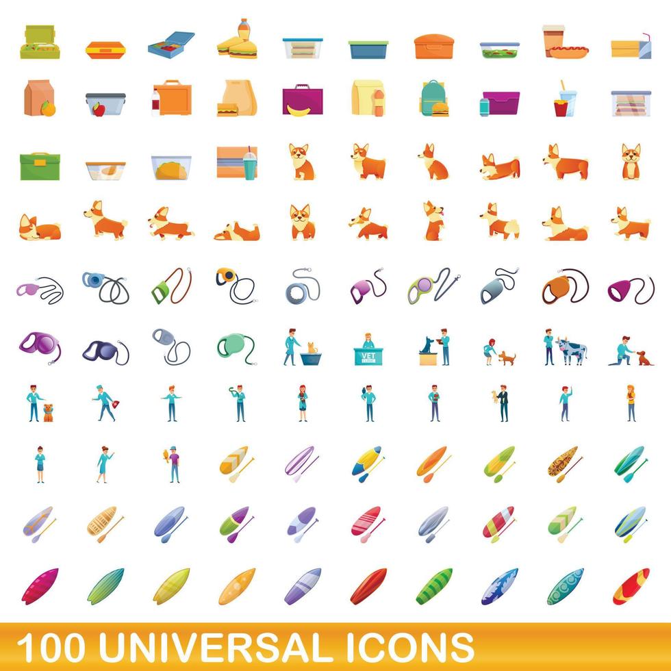 100 iconos universales, estilo de dibujos animados vector