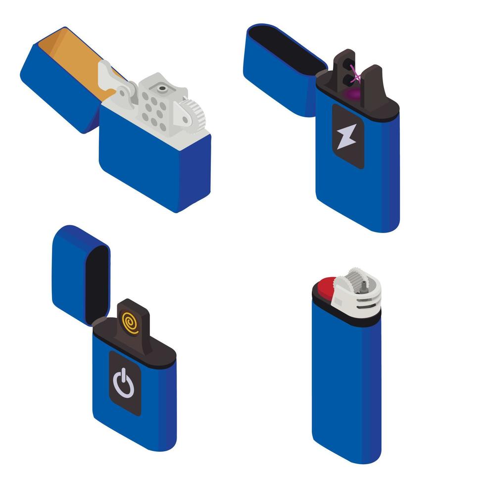 Cigarette lighter icons set, isometric style vector