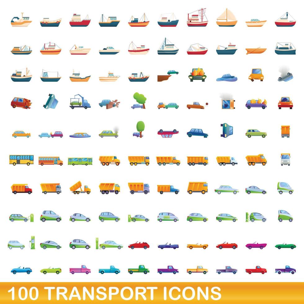 100 iconos de transporte, estilo de dibujos animados vector