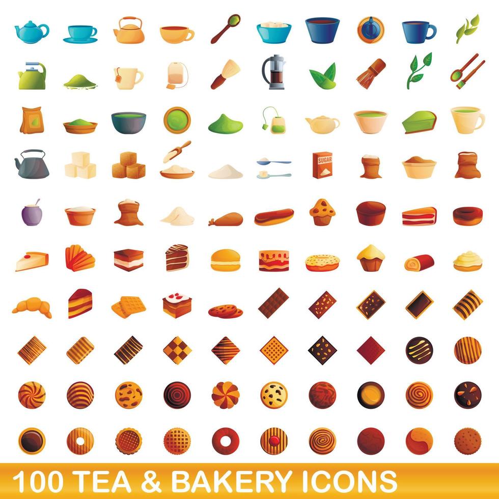 100 tea and bakery icons set, cartoon style vector