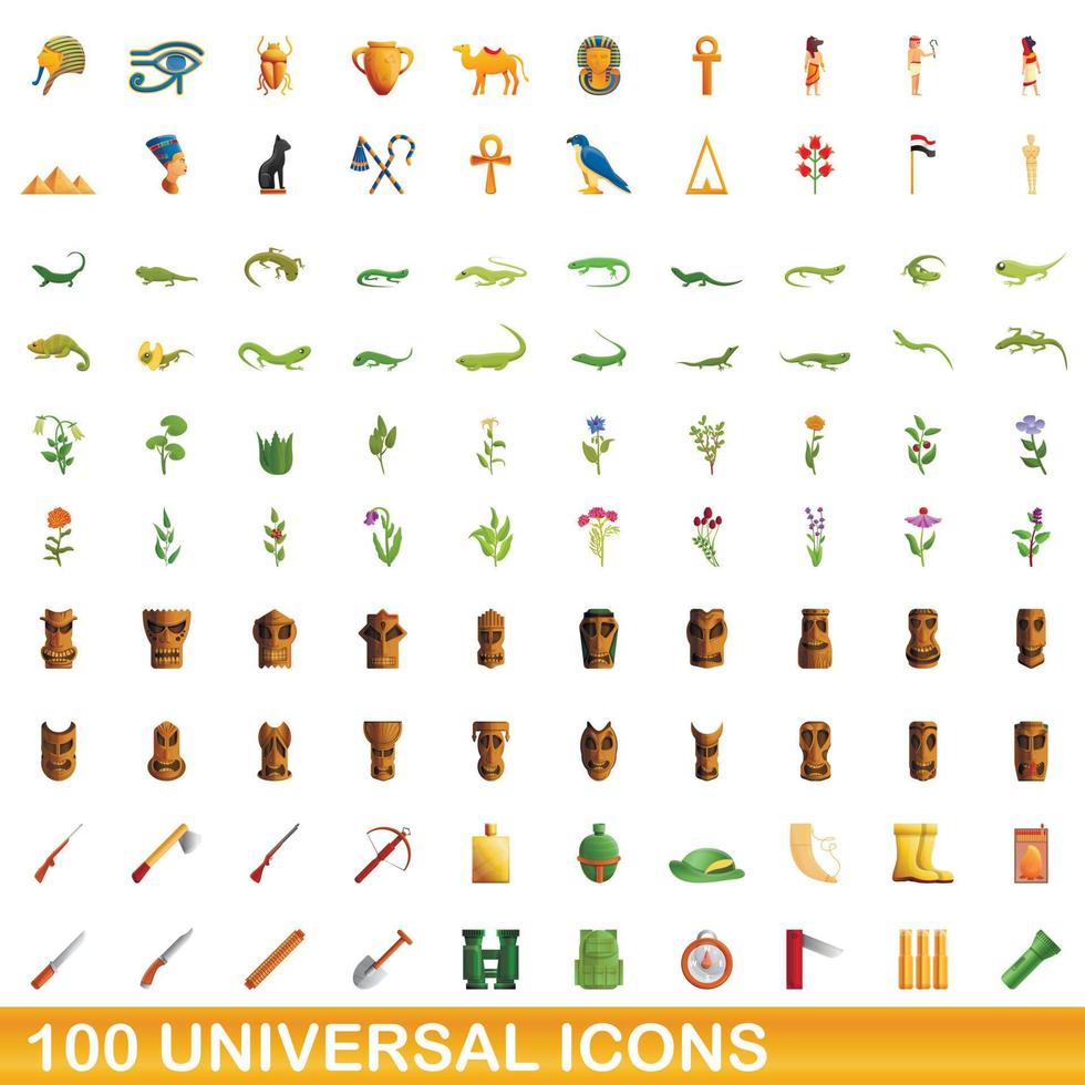 100 universal icons set, cartoon style vector