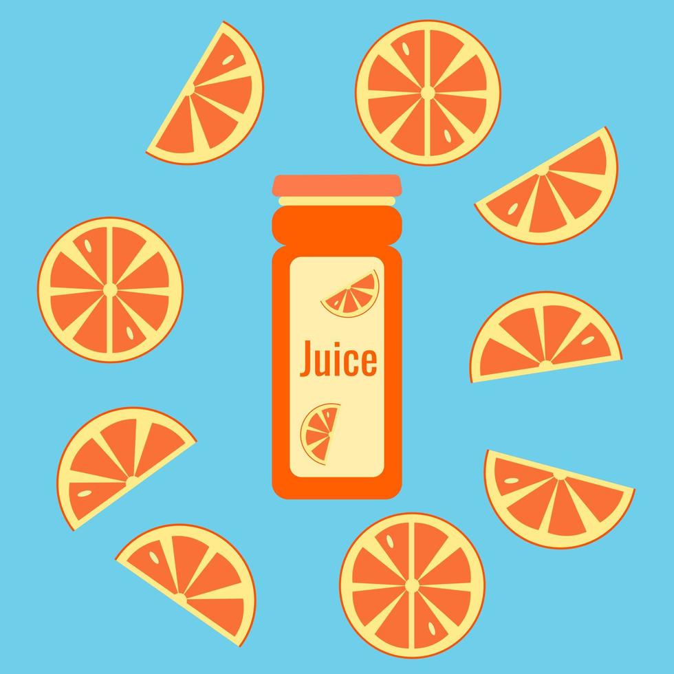 Poster with oranges and a bottle of juice on a blue background. Vector flat illustration.