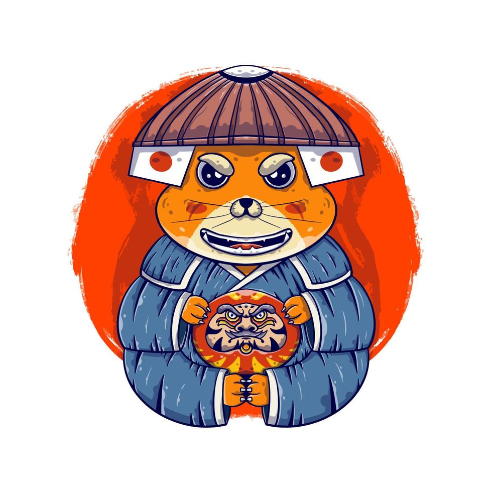 Cat samurai warriors with daruma japanese culture illustrations vector