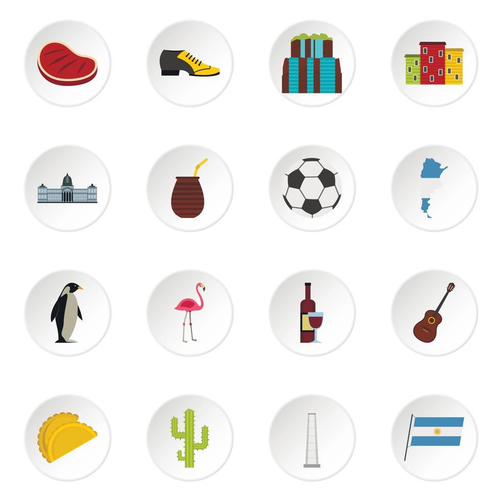 iconos de artículos de viaje de argentina establecidos en estilo plano vector