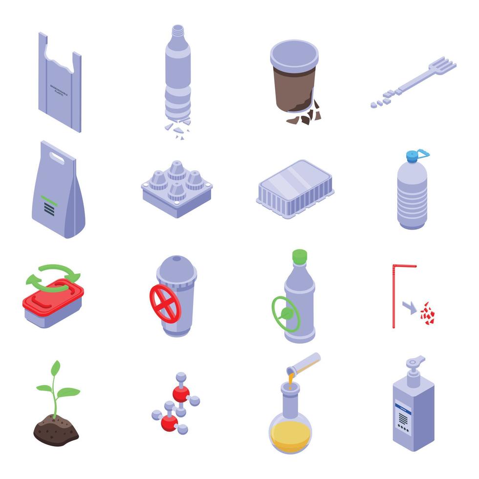 conjunto de iconos de plástico biodegradable, estilo isométrico vector