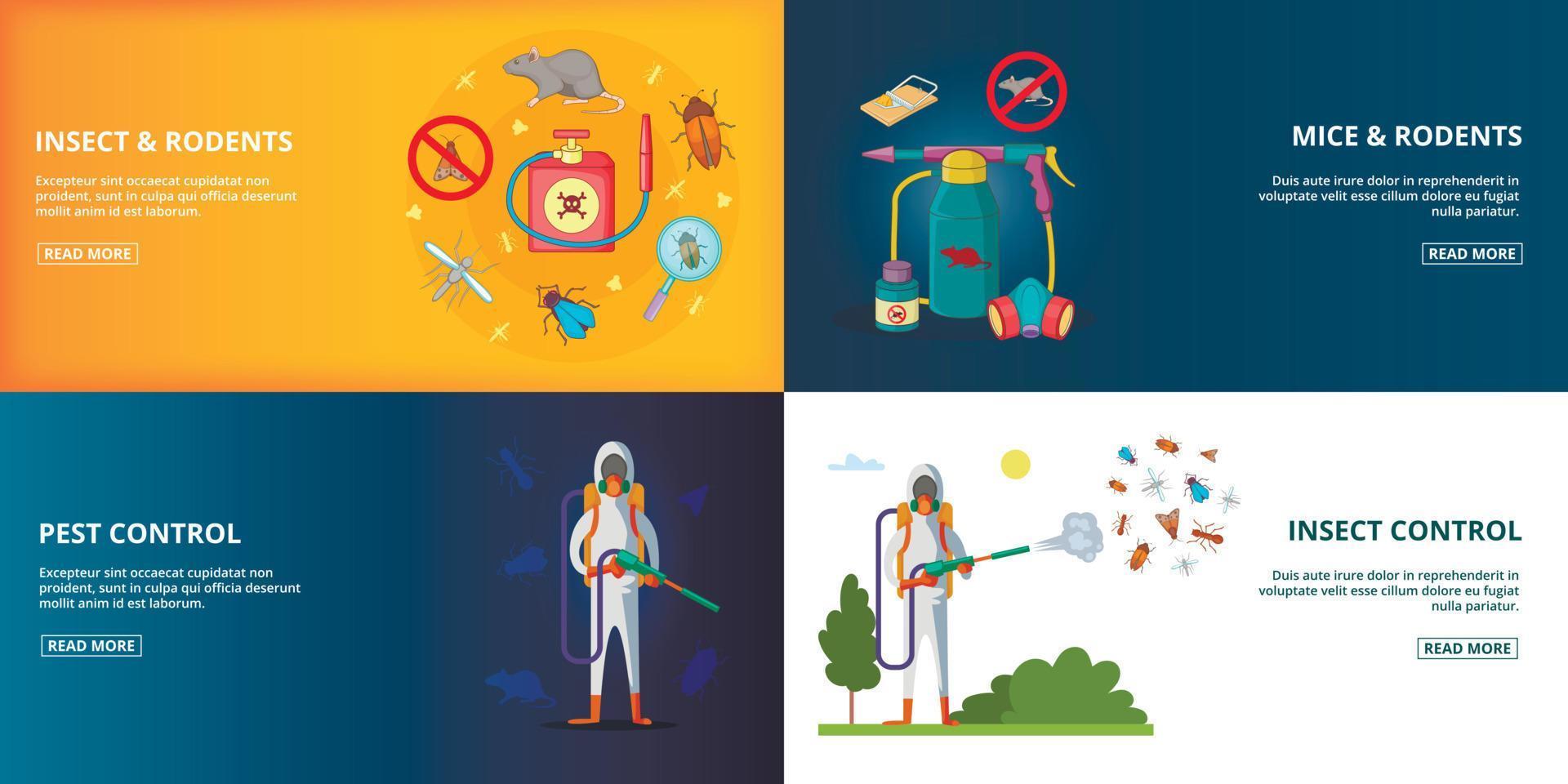 Pest control horizontal banners set cartoon vector illustration