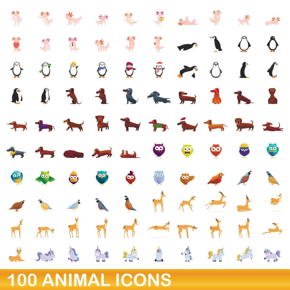 100 animales, conjunto de iconos de estilo de dibujos animados vector