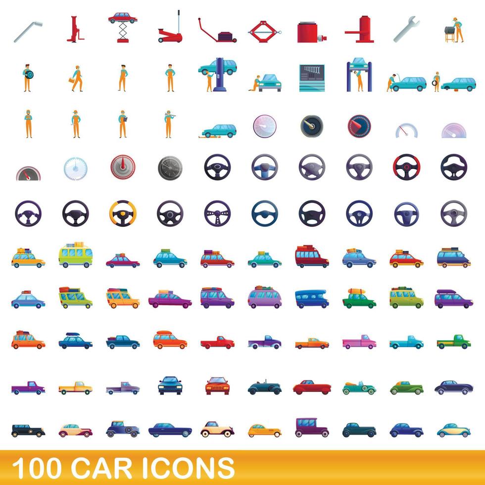 100 car icons set, cartoon style vector