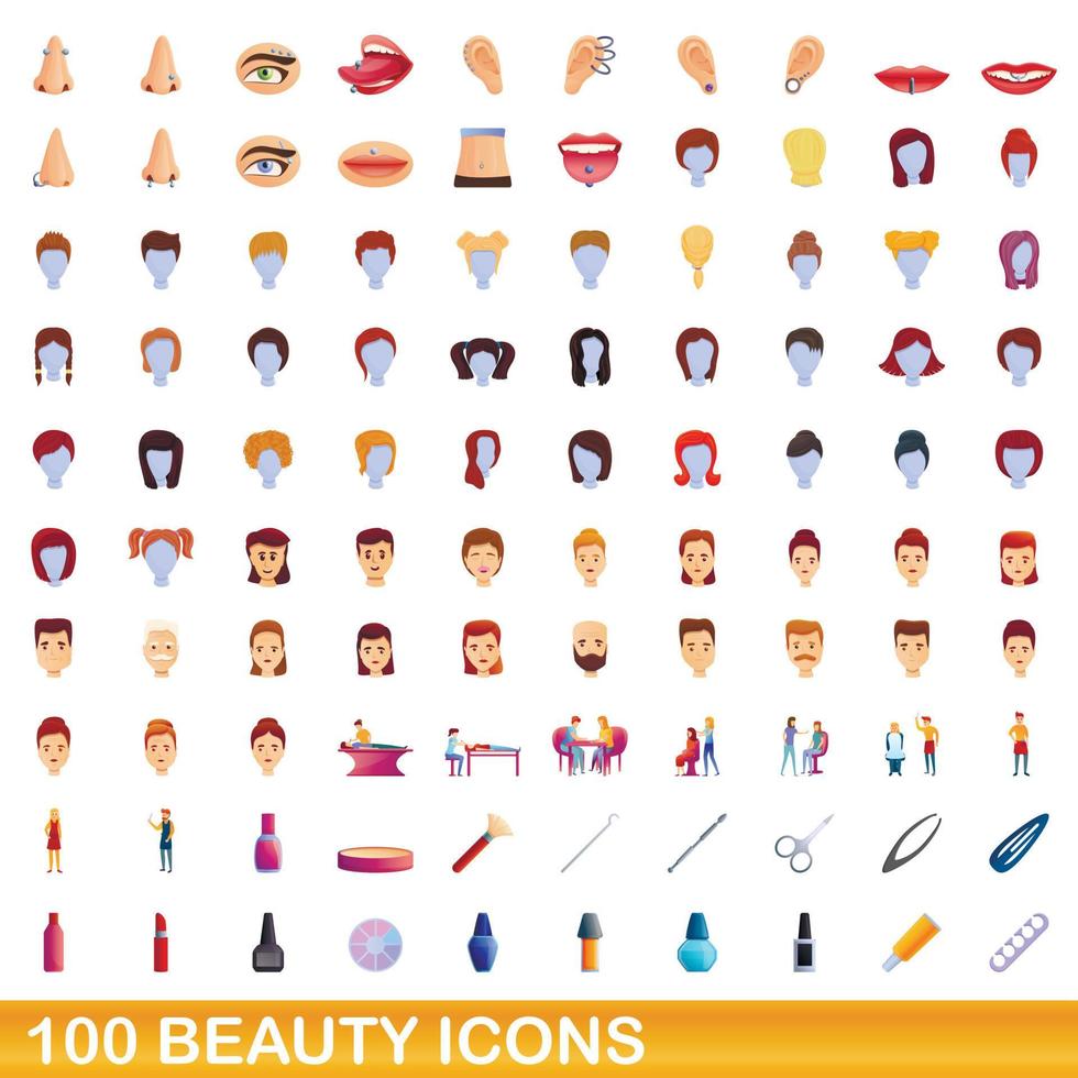 100 iconos de belleza, estilo de dibujos animados vector